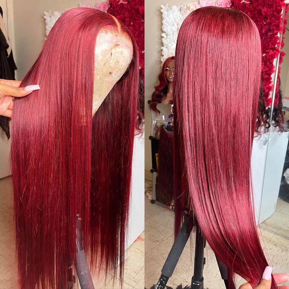 13x4 Burgundy Lace Front Perruques Cheveux Humains Brésilien Straight - hjweavebeauty