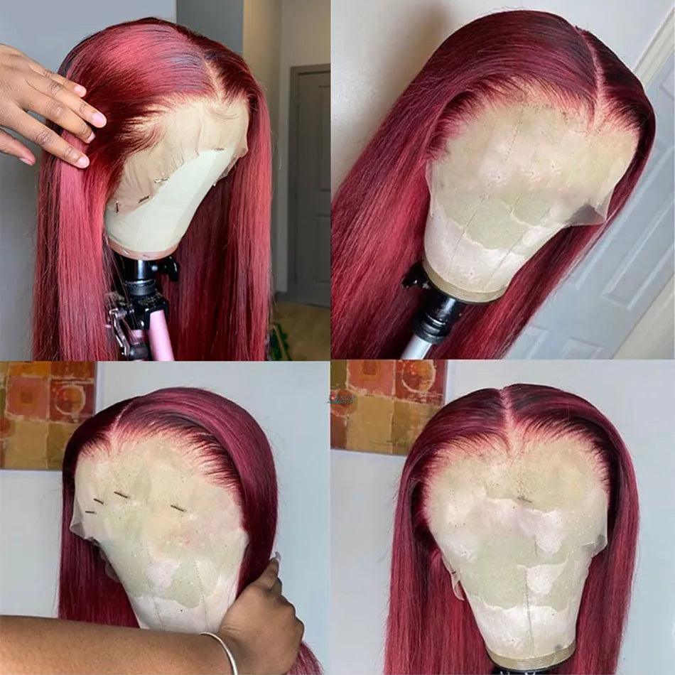 13x4 Burgundy Lace Front Perruques Cheveux Humains Brésilien Straight - hjweavebeauty