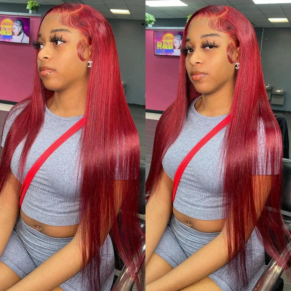 13x4 Burgundy Lace Front Perruques Cheveux Humains Brésilien Straight - hjweavebeauty