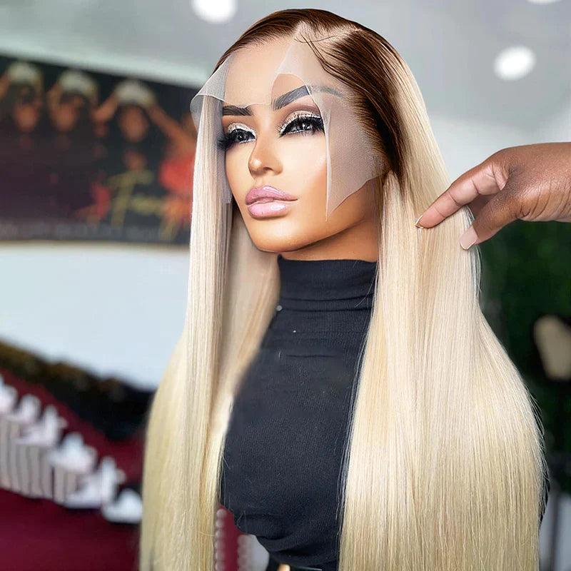 13x4 Perruques Ombre Blondes Droites Brésiliennes En Cheveux Humains - hjweavebeauty