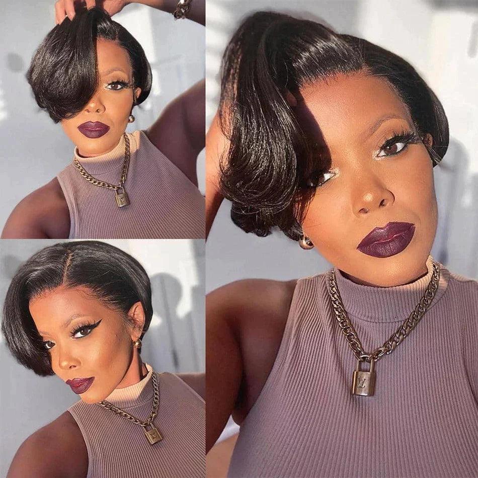 3 Perruques Coupe Pixie Cheveux Humains Brésiliens Lisse - hjweavebeauty