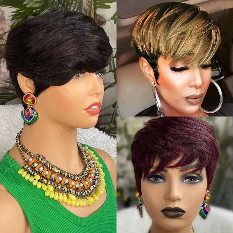 4 Perruque Pixie Cut Cheveux Humains Brésiliens Lisse - hjweavebeauty