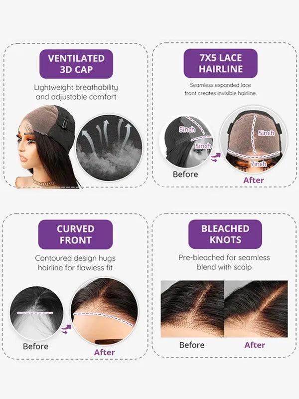 7X5 Glueless Upgraded Bleached Knots Wear Go Lisse Perruque cheveux humains - hjweavebeauty