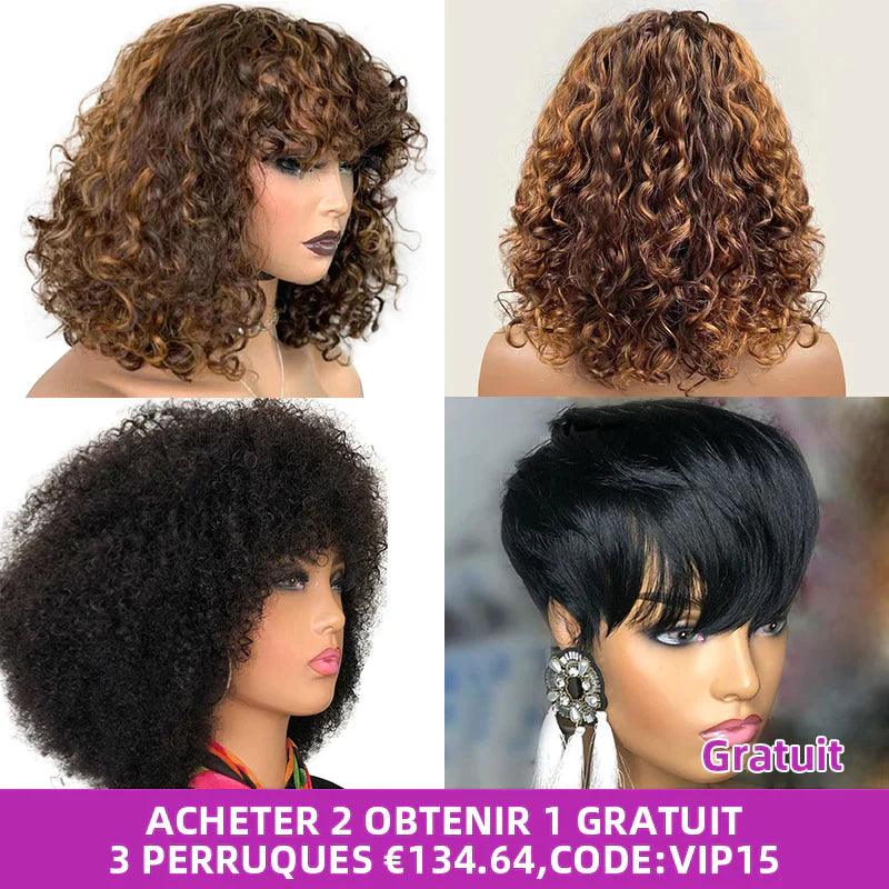 2 Perruques à Franges en Cheveux Brésiliens Bouclés 1 Perruque Pixie Gratuite - hjweavebeauty