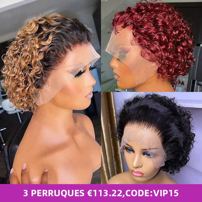 3 Perruques Coupe Pixie Cheveux Humains Brésiliens Bouclé - hjweavebeauty