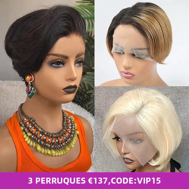 3 Perruques Coupe Pixie Cheveux Humains Brésiliens Lisse - hjweavebeauty