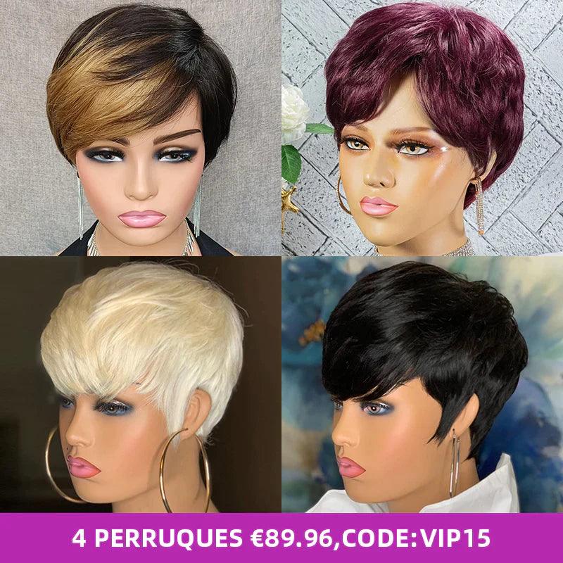 4 Perruque Pixie Cut Cheveux Humains Brésiliens Lisse - hjweavebeauty