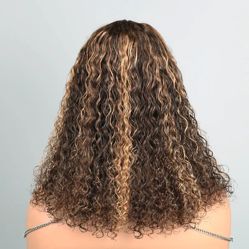 Glueless Ombre Highlight Bouclée Perruque Sans Colle Avec Une Frange