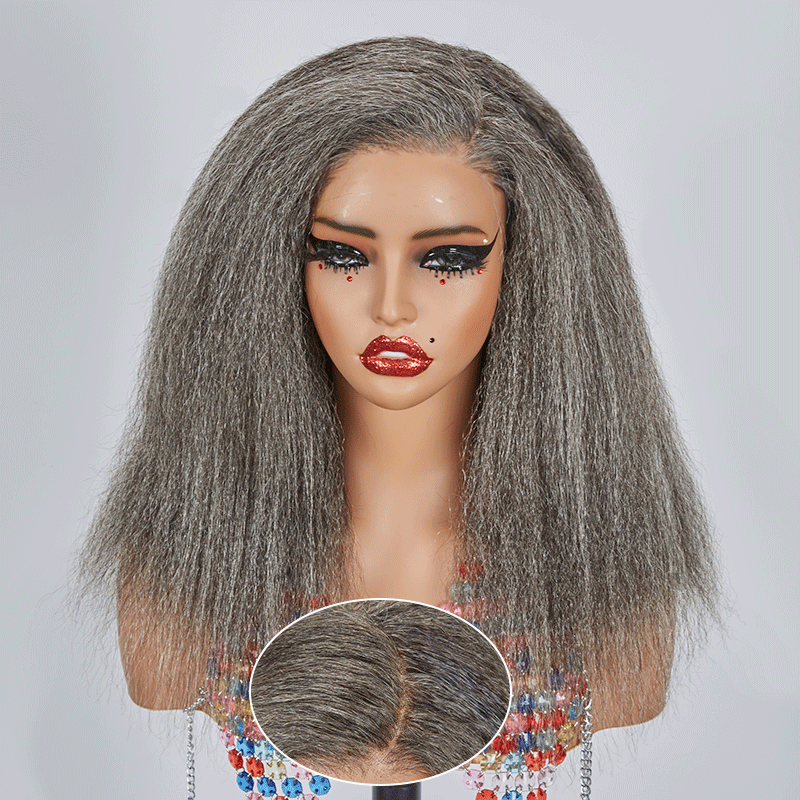 7x5 Glueless Yaki Straight Couleur Sel &amp; Poivre Perruque Sans Colle